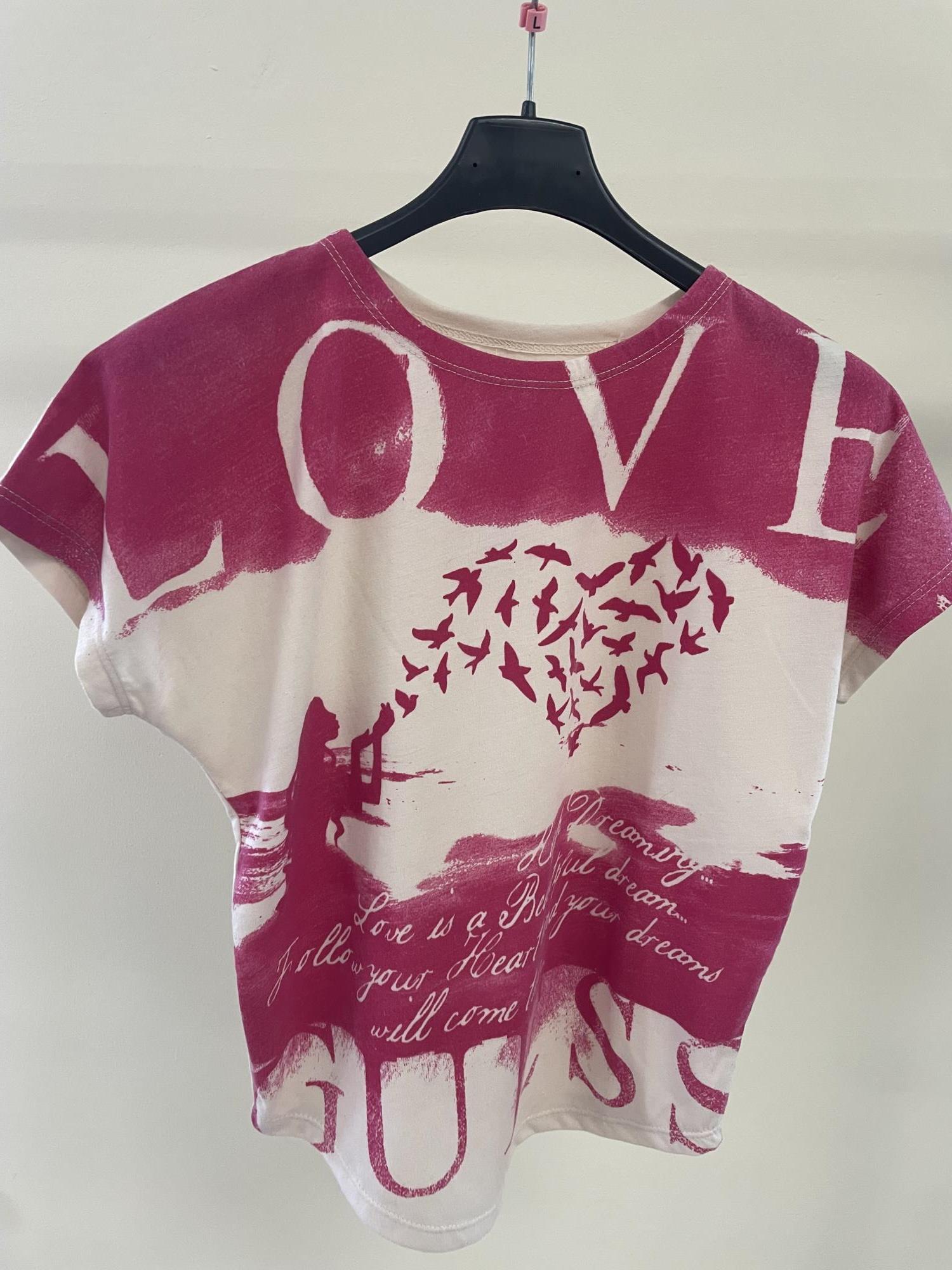 maglia beige con inserti e scritte fuxia tg. S Guess