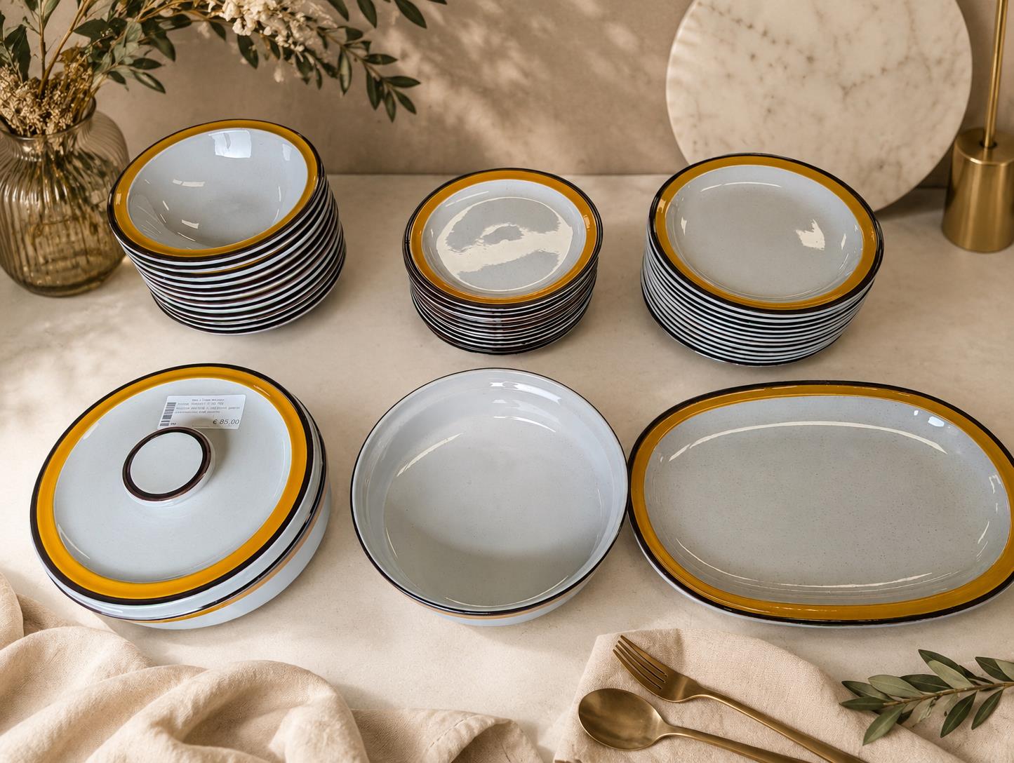 Servizio piatti da 12 ceramica Laveno Ginori bordo ocra/marrone