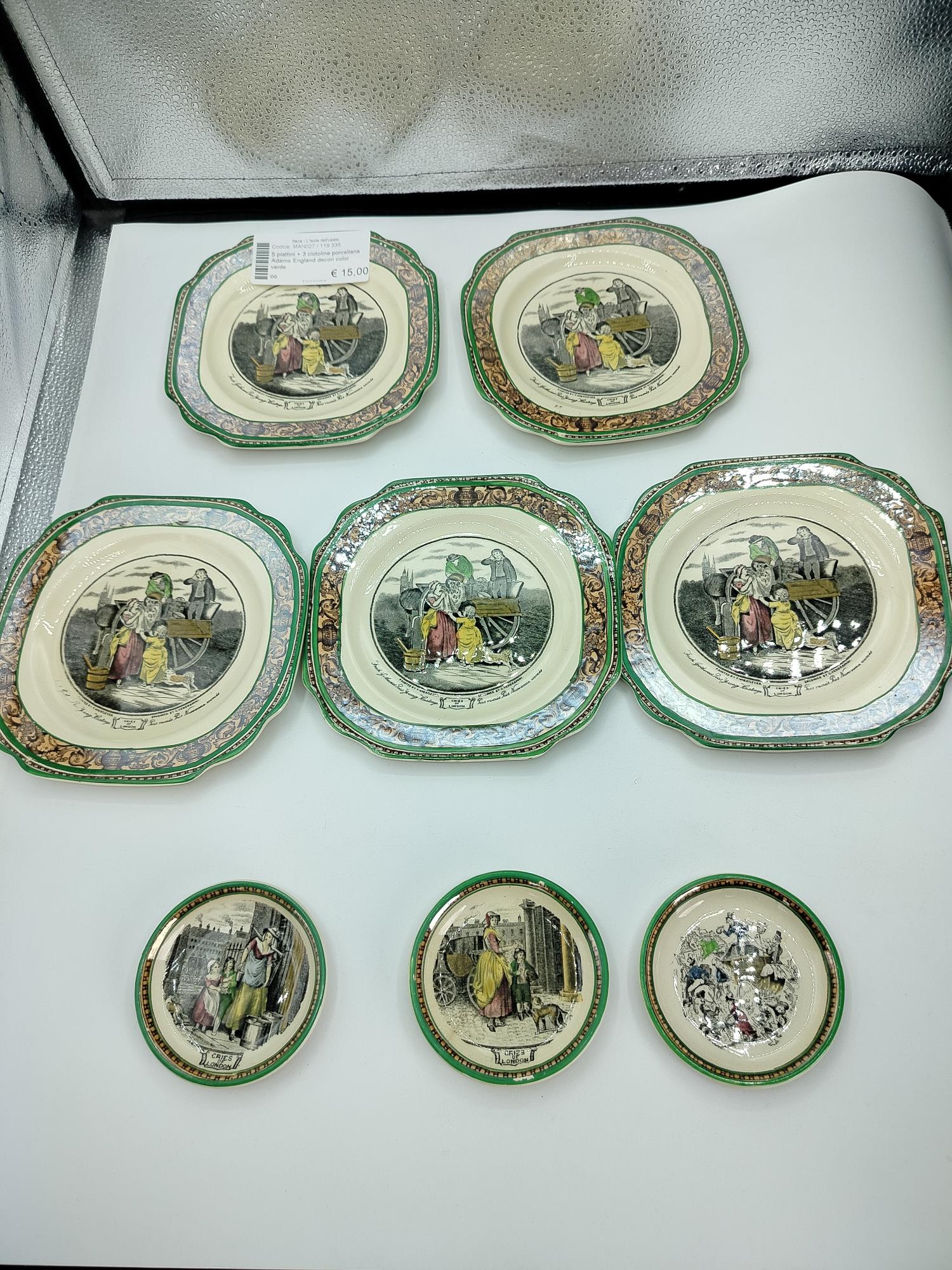 5 piattini + 3 ciotoline porcellana Adams England decori color verde