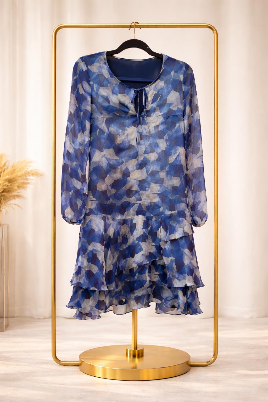 abitino in seta blu inserti neri e grigi e balze tg, 38 Caractere