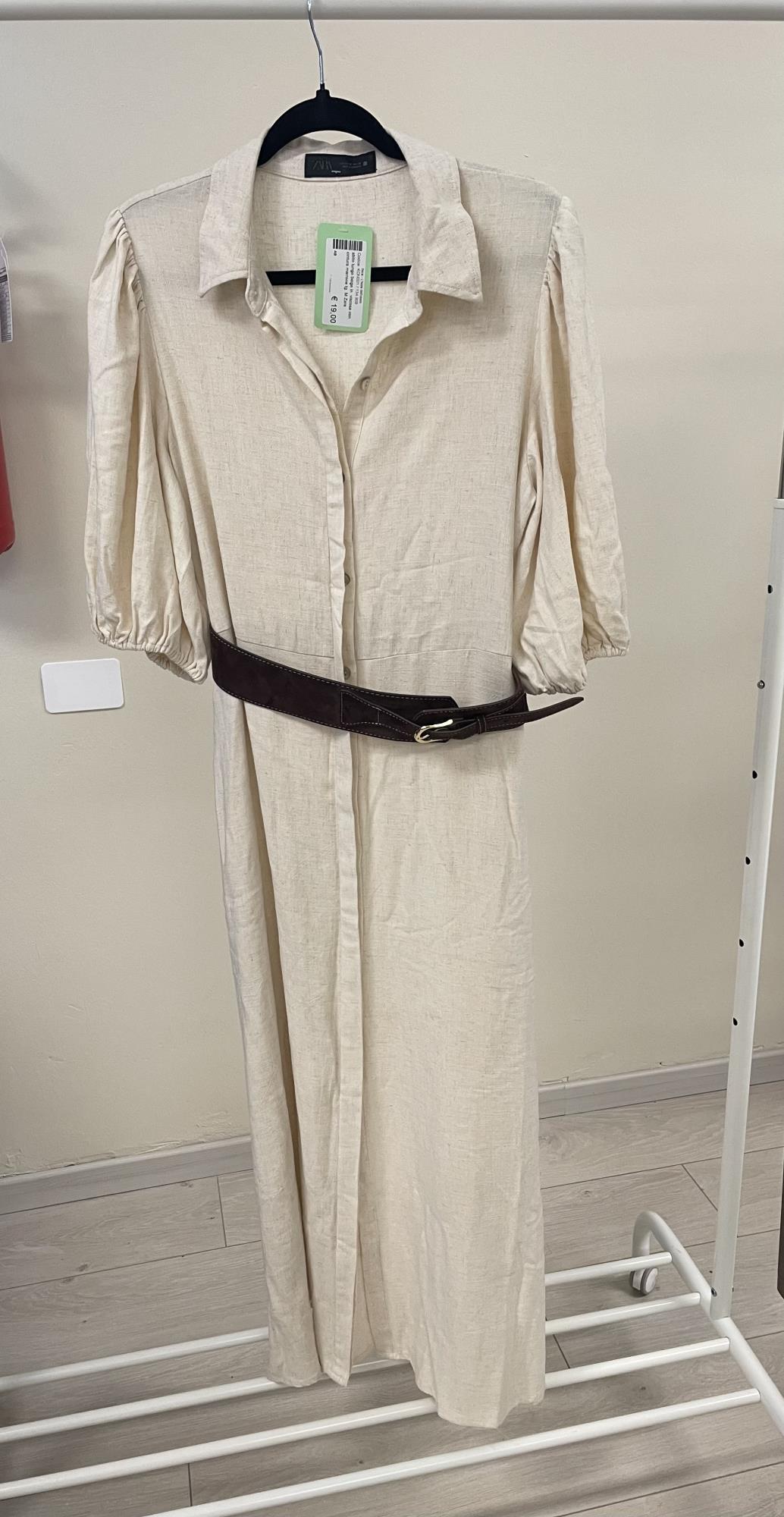 abito lungo beige in  viscosa con cintura marrone tg. M Zara