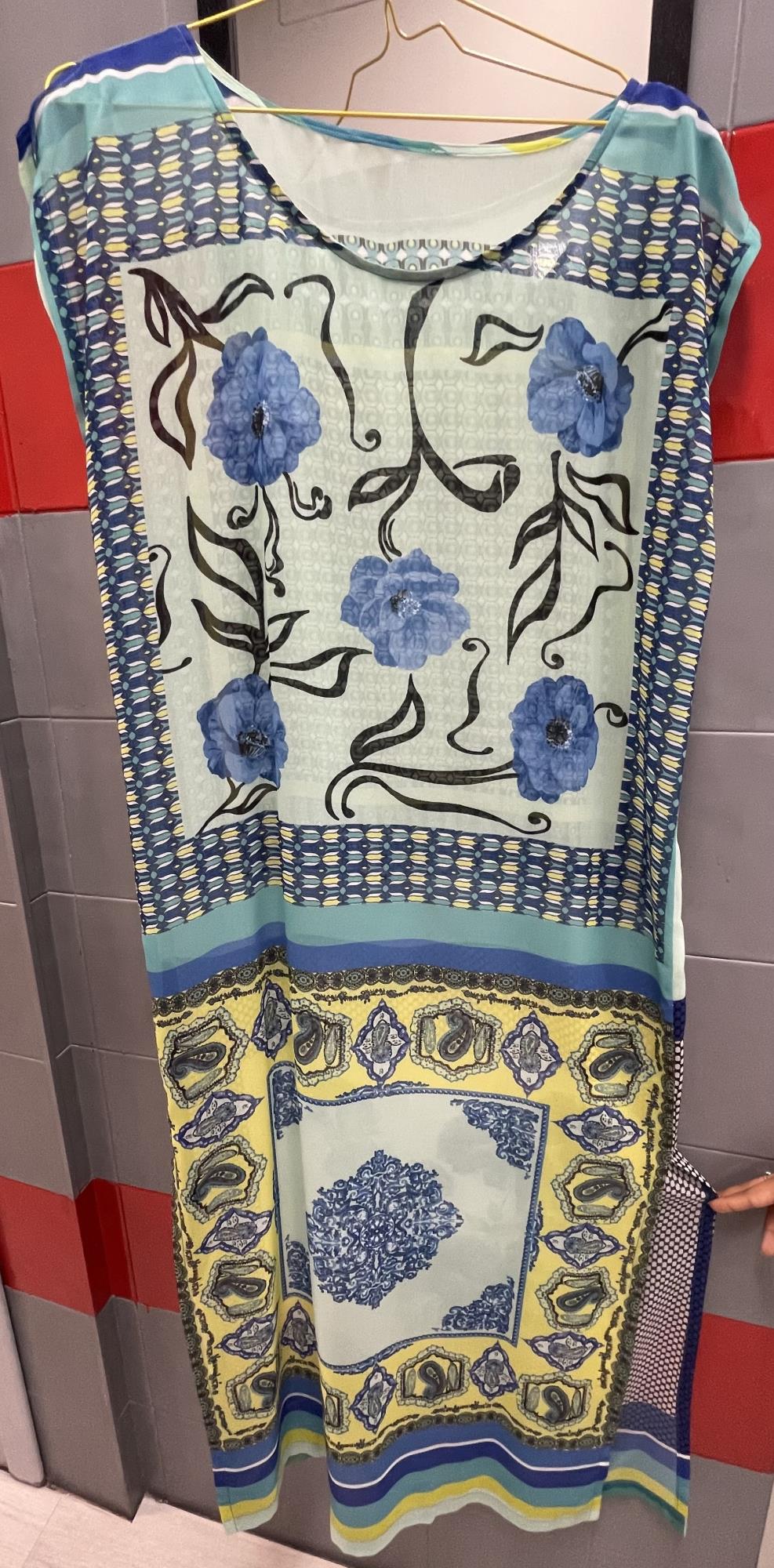 abito sartoriale in seta verde fantasia fiori blu tg. M