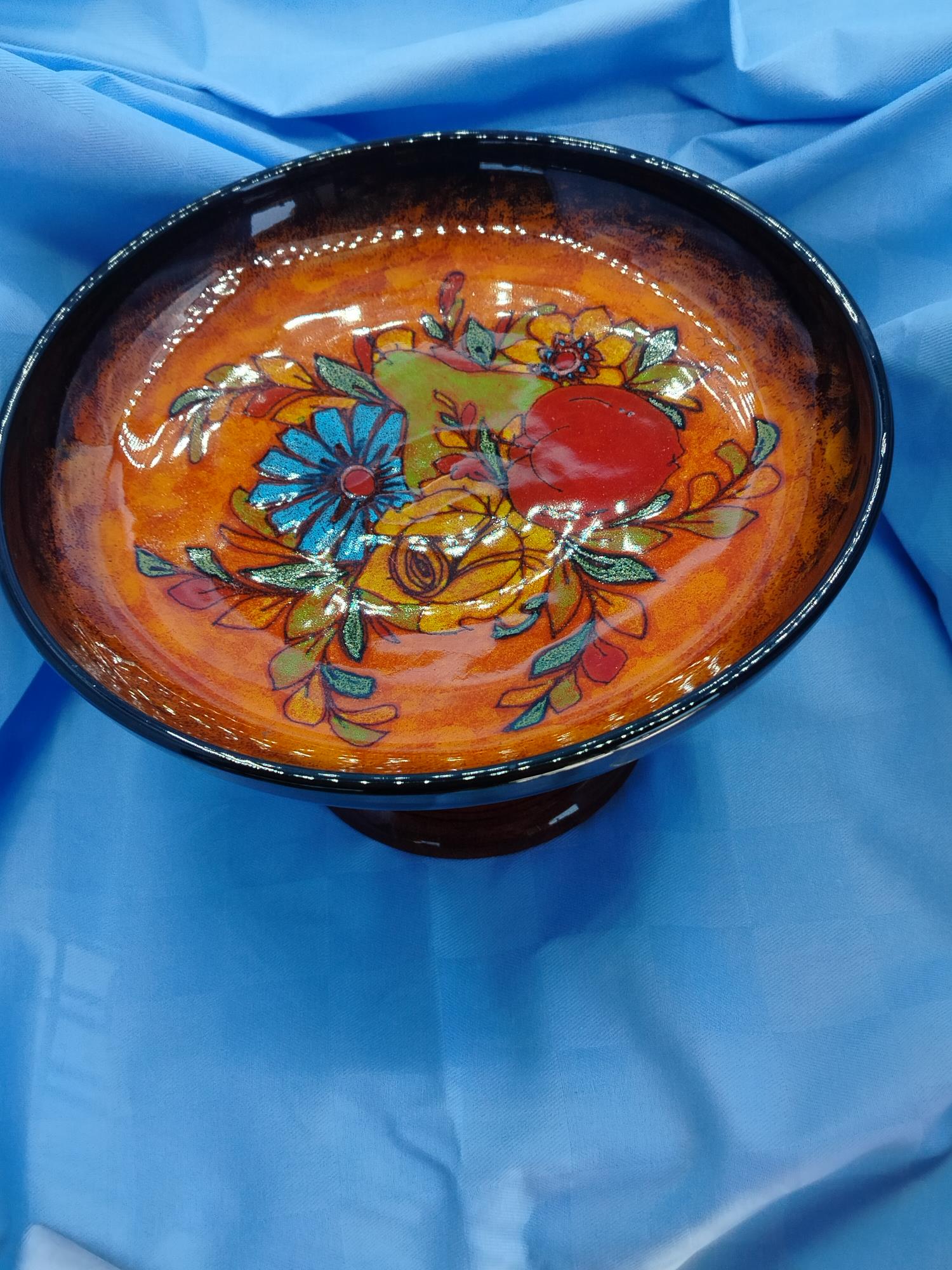 Alzatina ceramica d Assisi color arancione decoro frutta