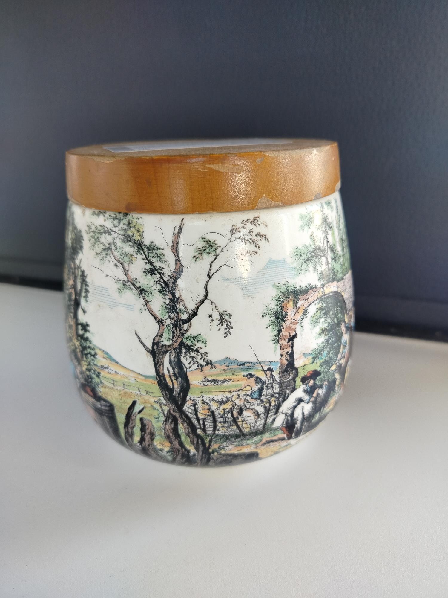 Barattolo vintage con tappo legno ceramica Laveno scena dipinta rurale