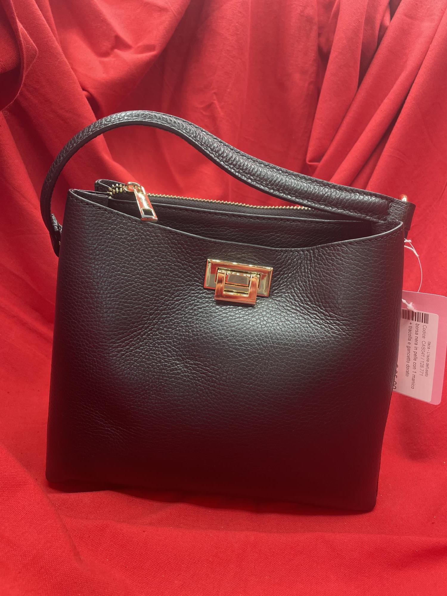 borsa nera in pelle con 1 manico + tracolla e gancetto dorato
