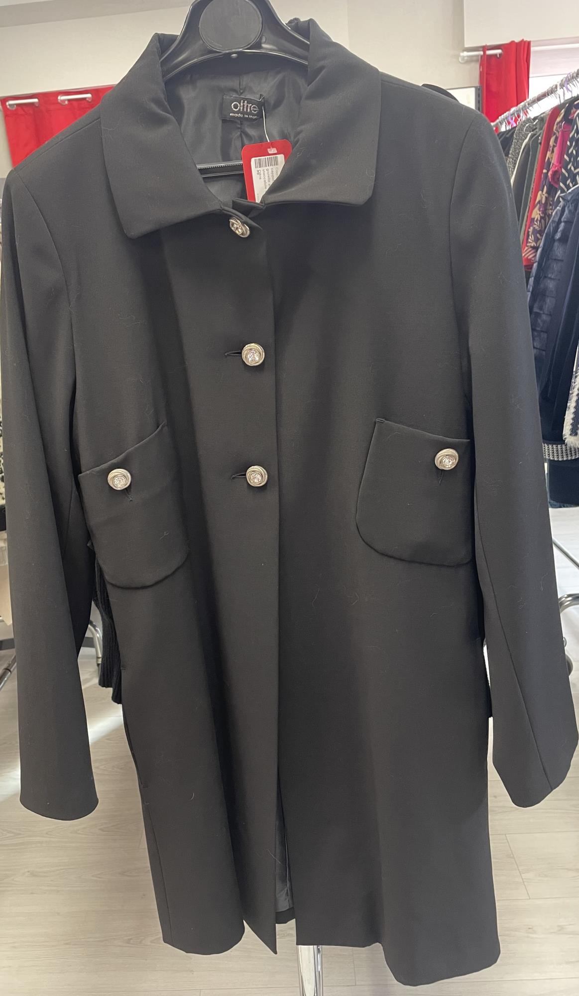 cappottino nero con bottoni gioiello argentati e martingala staccabile con brillantini tg. 50 Oltre