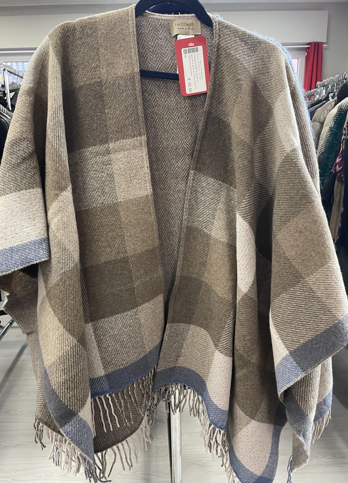 sciarpona beige a quadri e azzurro e spina di pesce dall altra 100% lana Falconeri