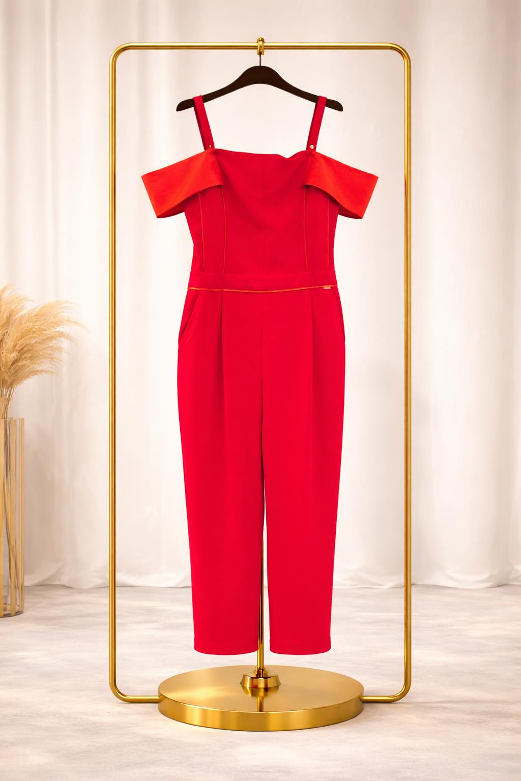 tuta elegante rosso fragola con spalline e fascia tg. 46 Nenette